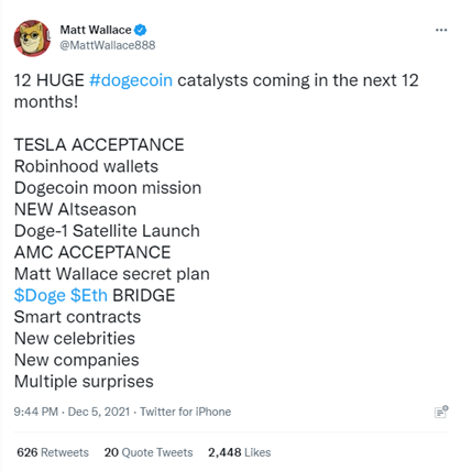 Bitcoin IRA | Tweet from Matt Wallace on Dogecoin