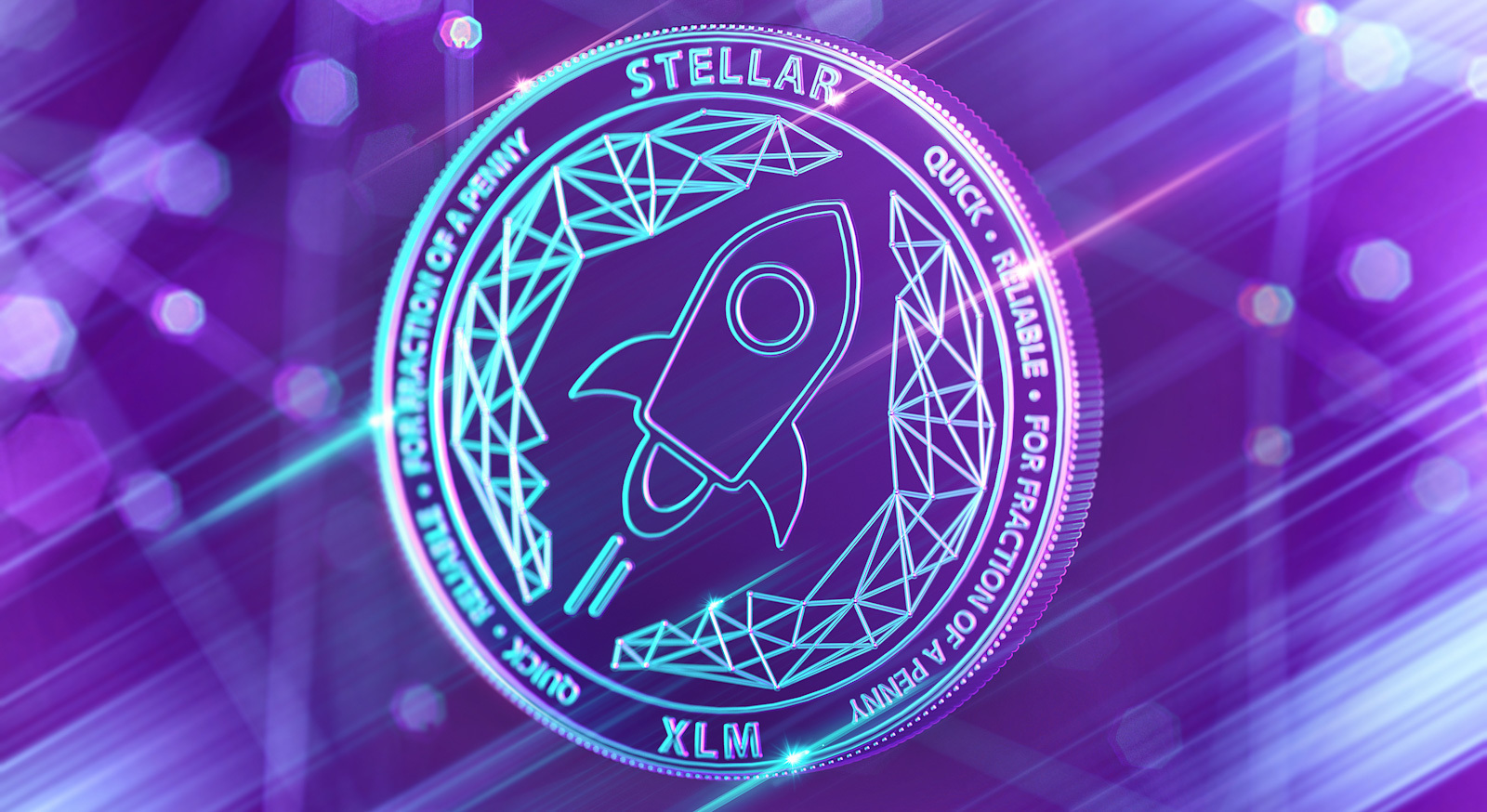 The stellar lumens logo features a rocket ship on a transparent coin against a purple background
